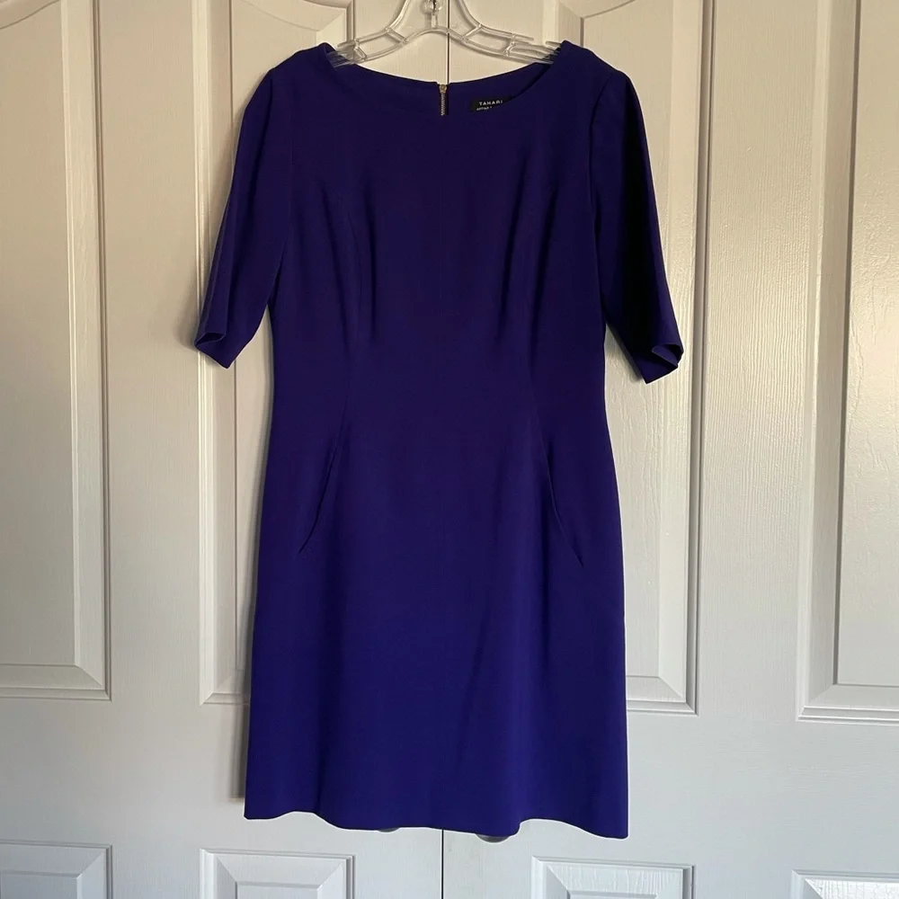 Tahari Seamed A Line half sleeve blue violet dress M 10 EUC - Picture 3 of 15